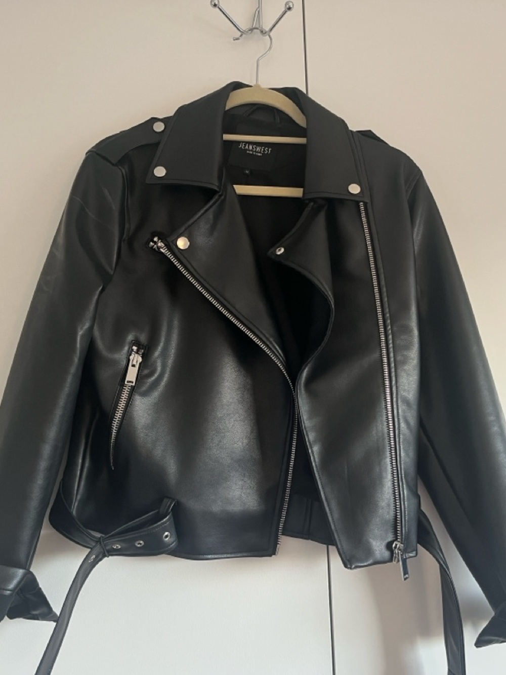 JEANSWEST Black Faux Leather Moto Jacket with Silver Zippers